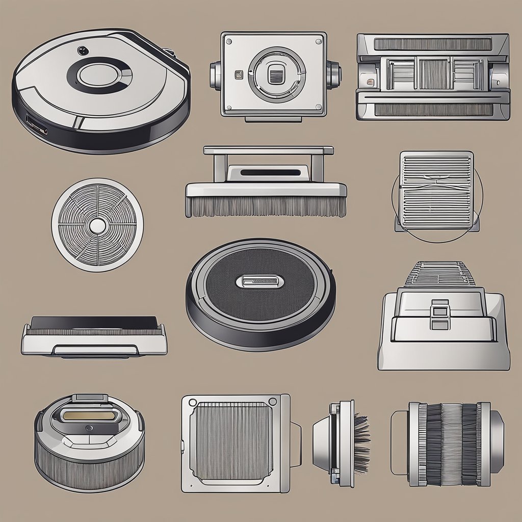 Un aspirateur robot avec des brosses et des filtres amovibles étant remplacés sur une surface propre et plate.