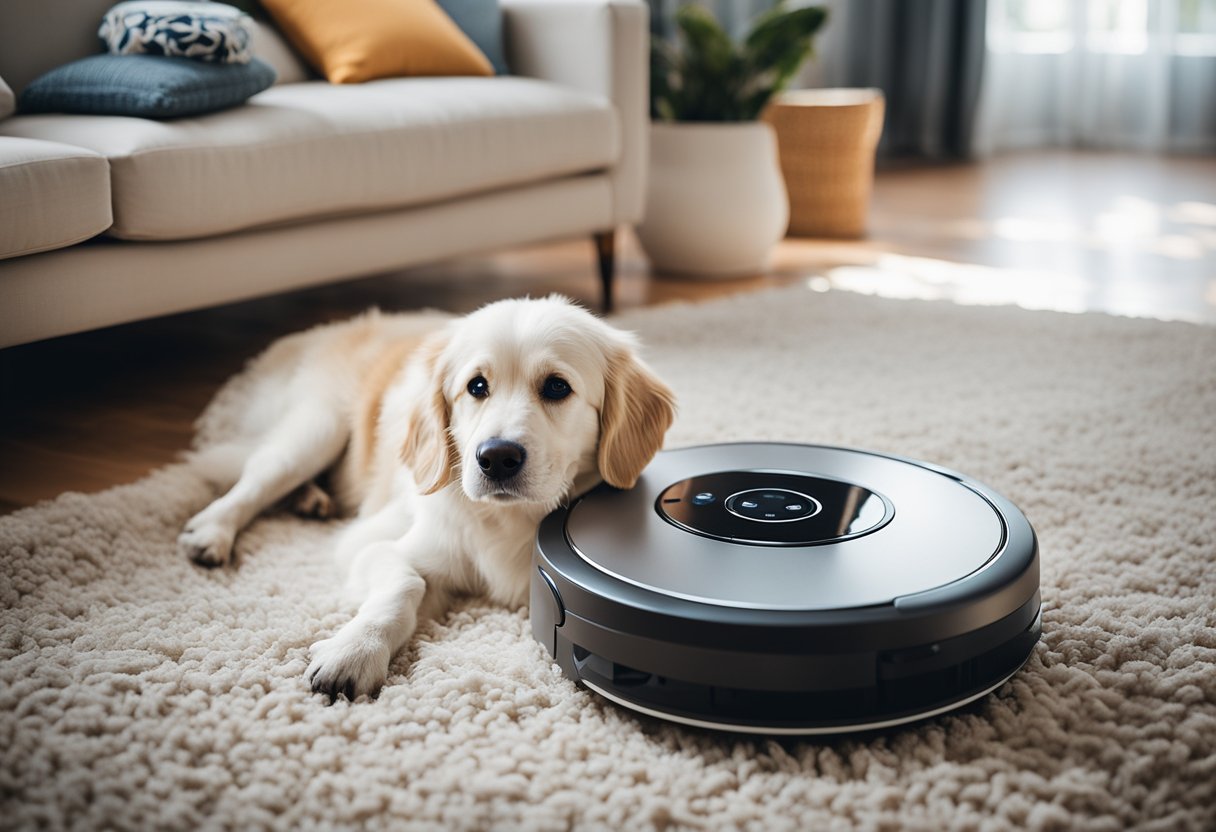 Un aspirateur robot naviguant autour d'un lit pour chien, de jouets et de poils d'animaux dans un salon