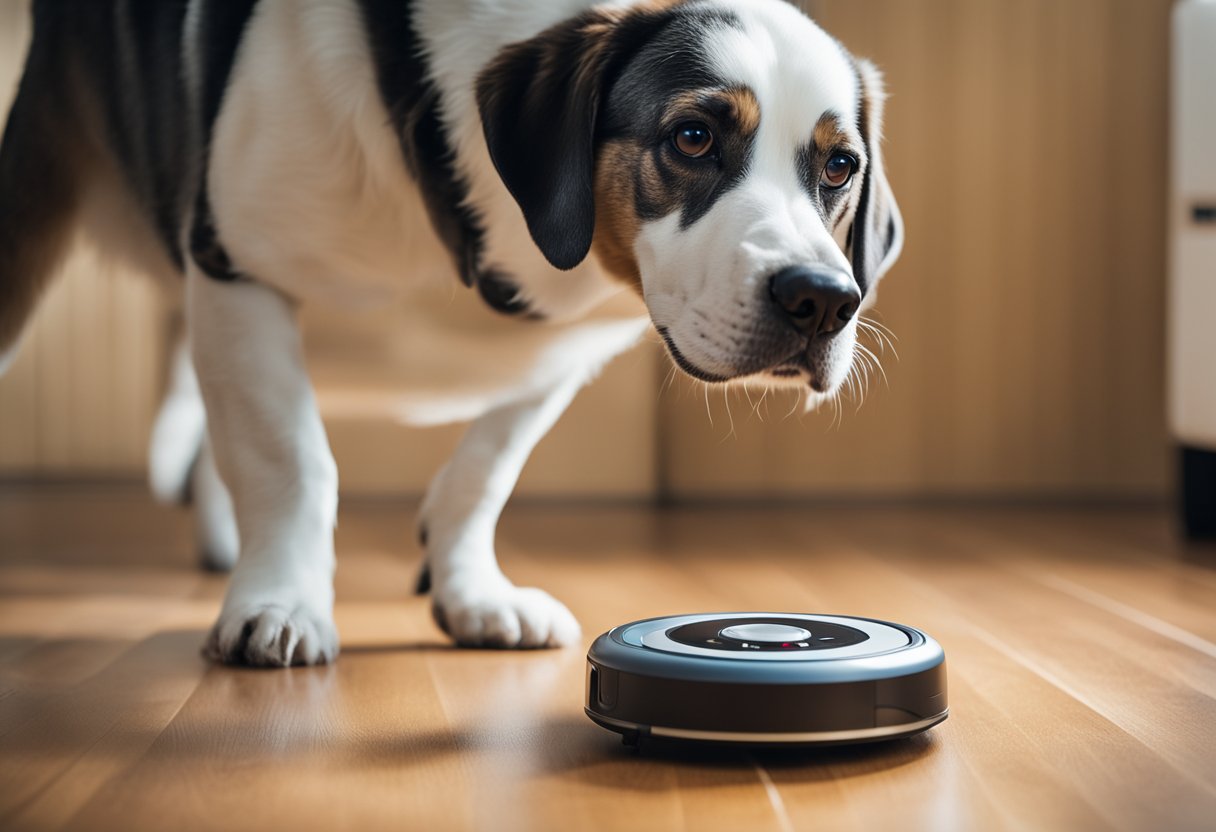 Un robot aspirateur avec une odeur de chien à l'intérieur, émettant des lignes de mauvaise odeur, tandis qu'une personne se bouche le nez et a l'air dégoûtée.