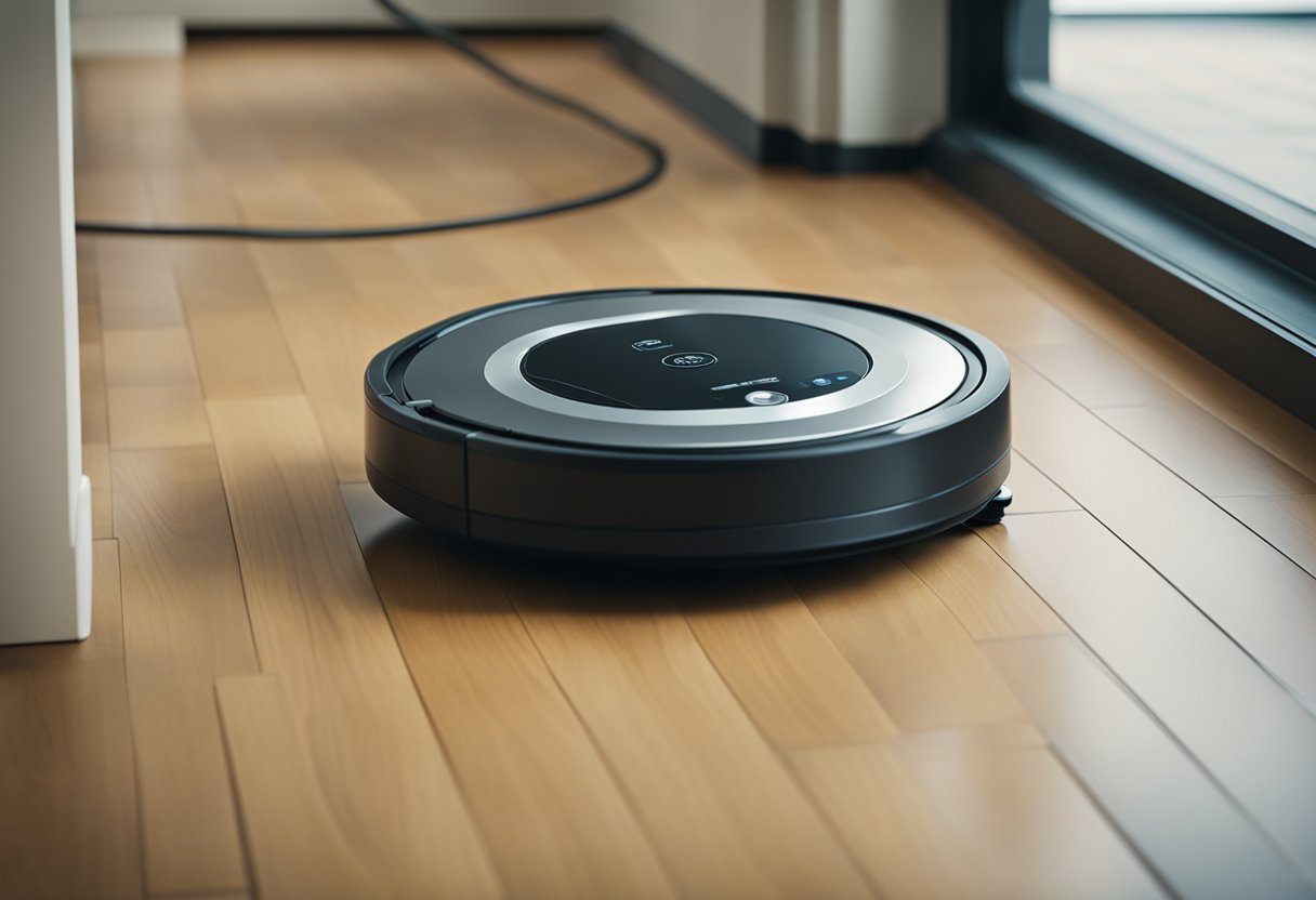 Un robot aspirateur nettoie une pièce pendant qu'un aspirateur traditionnel reste inutilisé dans le coin.