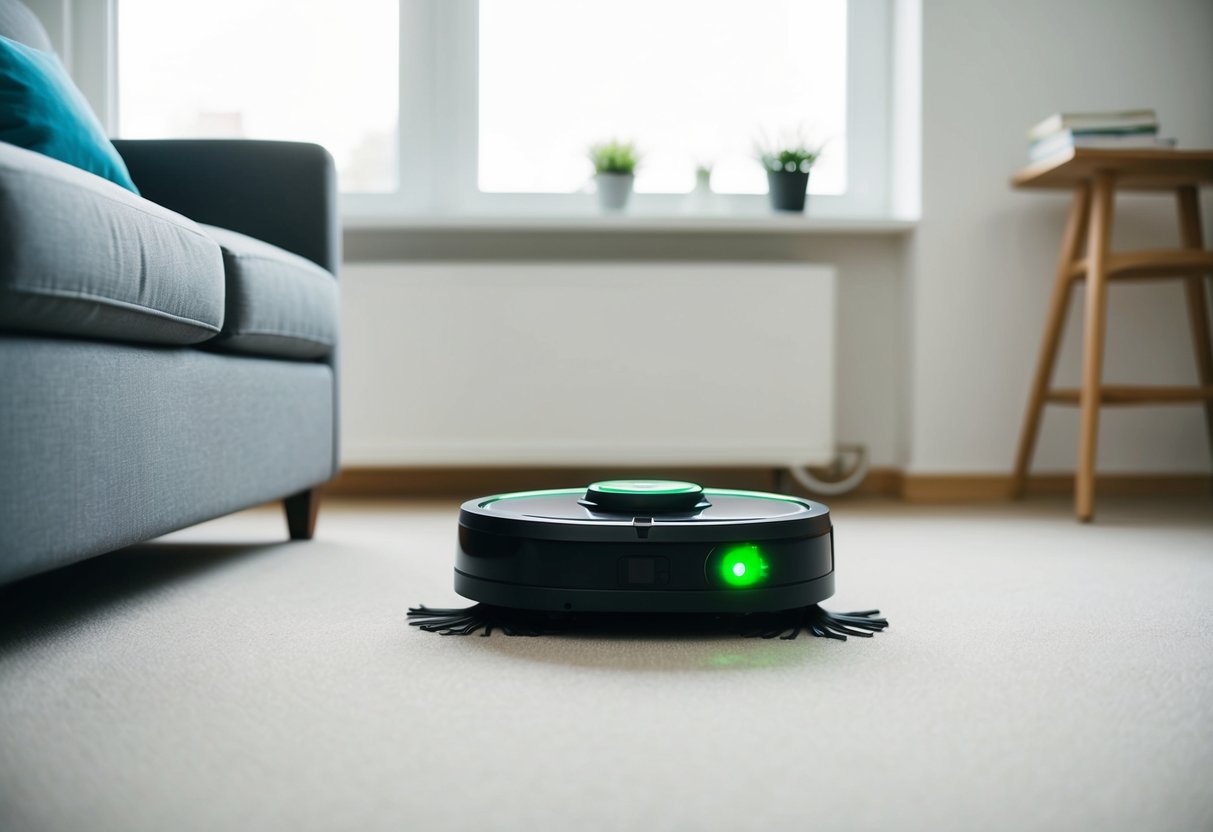 Un robot aspirateur est inactif dans une pièce bien rangée, avec une lumière verte indiquant l'achèvement.