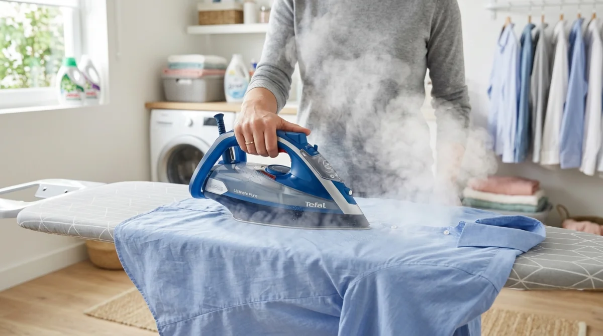 Meilleur fer à repasser Tefal Ultimate Pure en action, vapeur dense sur chemise bleue.