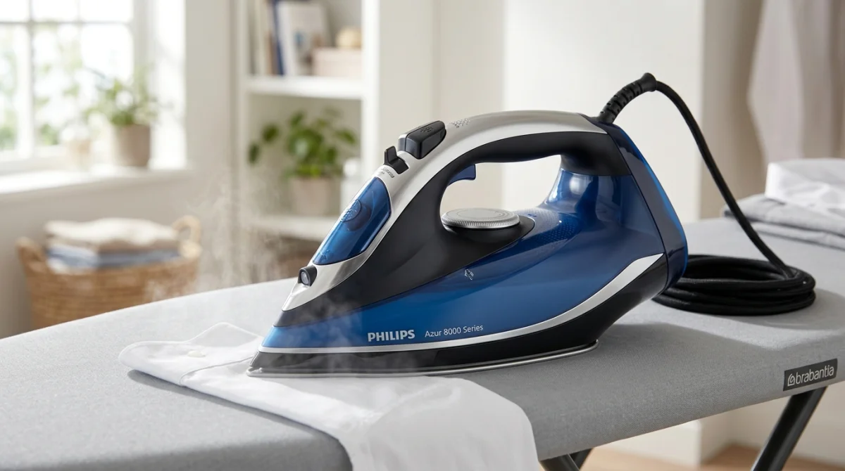 Meilleur fer à repasser Philips Azur 8000 Series moderne sur planche, vapeur active.