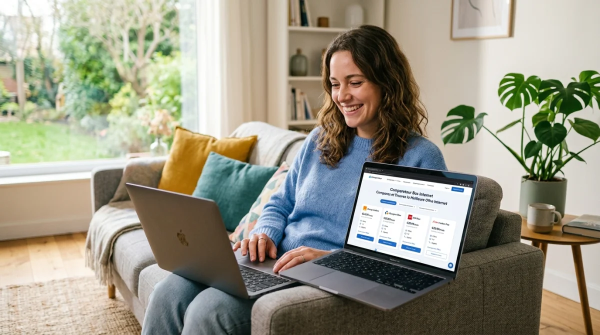 Comparateur box fibre : personne souriante sur canapé avec ordinateur portable affichant l'outil