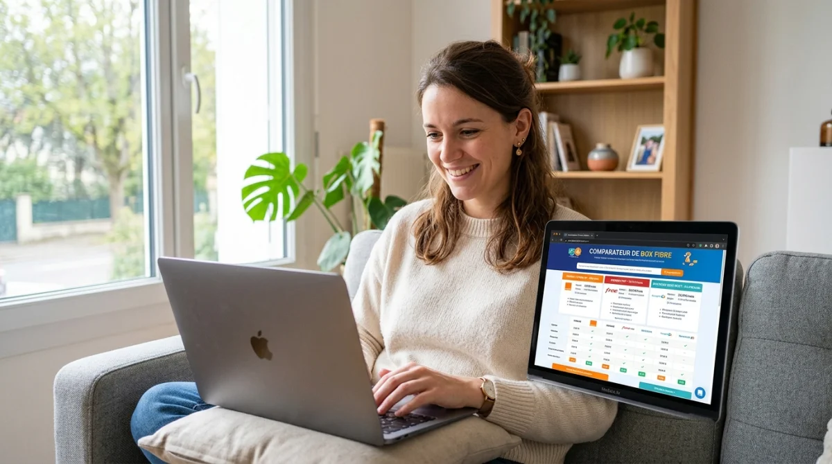 Comparateur box fibre : personne souriante utilisant un ordinateur portable dans un salon moderne
