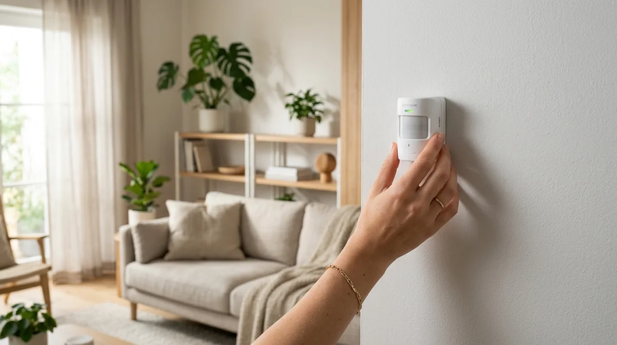 Main ajustant un détecteur de mouvement, sécurité maison sans abonnement, salon moderne