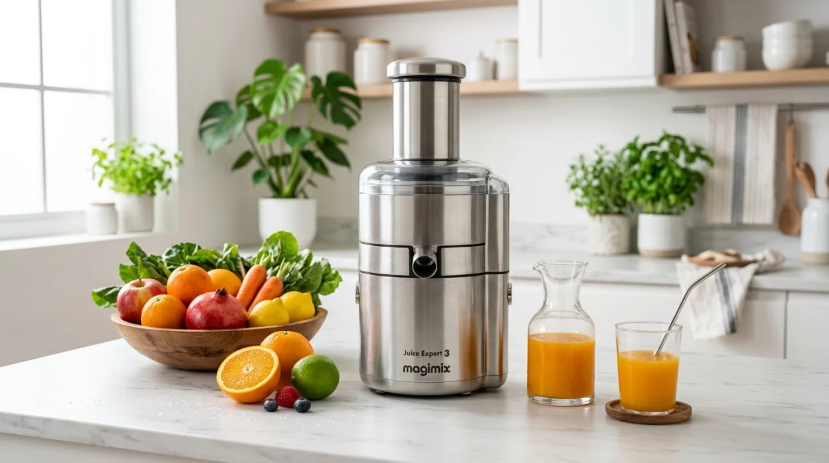 Meilleur extracteur de jus Magimix Juice Expert 3 en cuisine avec fruits frais