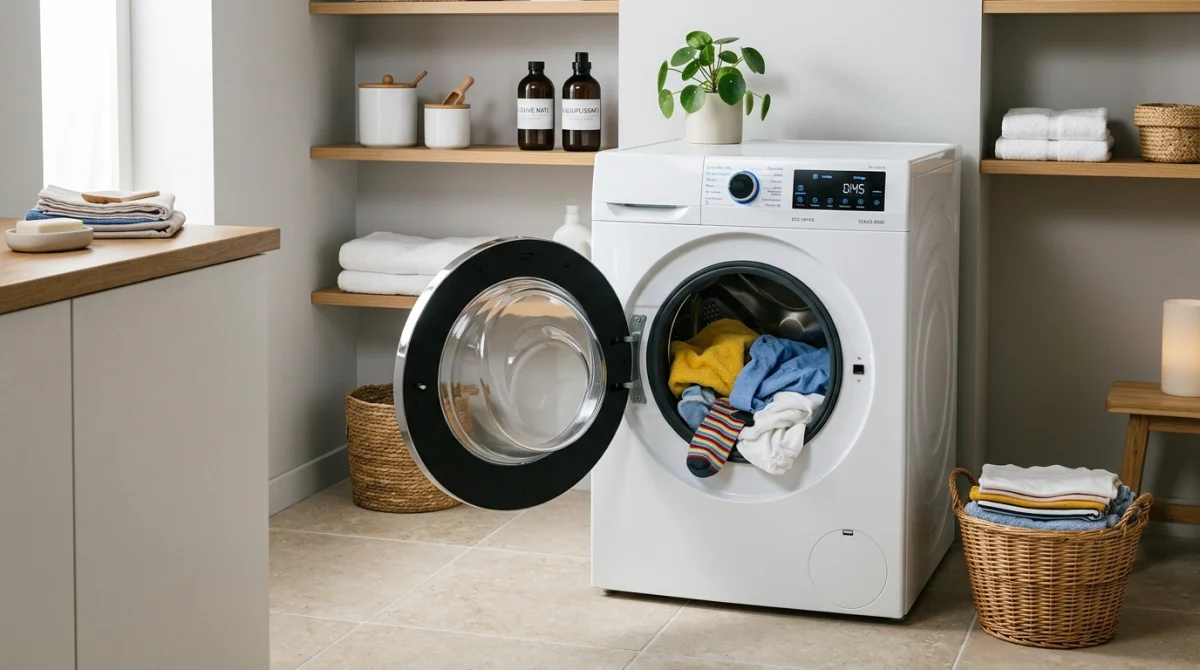 Lave-linge séchant moderne dans une buanderie rangée, gain de place et efficacité