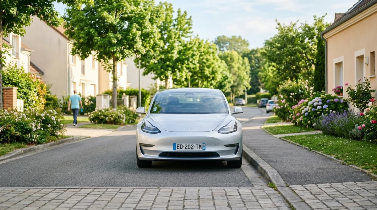Tesla Model 3 argentée dans rue résidentielle paisible, mobilité électrique sereine.
