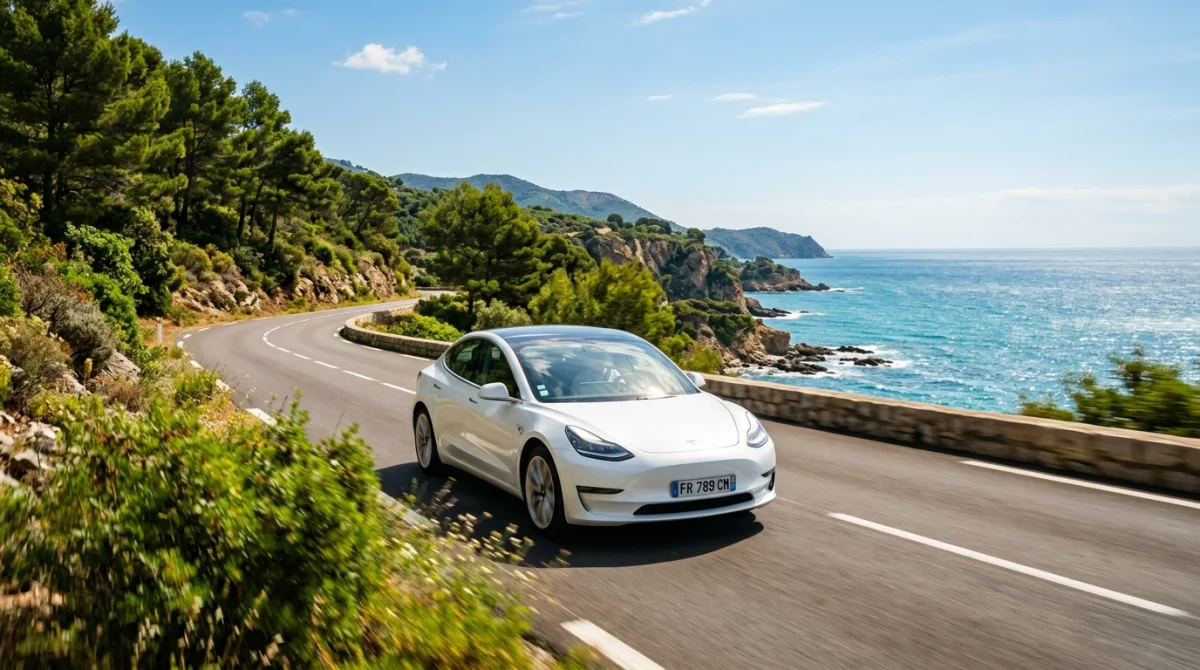 Tesla Model 3 sur route côtière ensoleillée, meilleure voiture électrique 2026