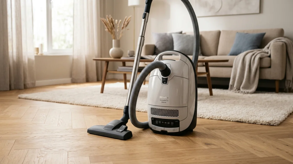 Meilleur aspirateur traîneau Miele C3 Silence sur parquet, salon moderne et épuré