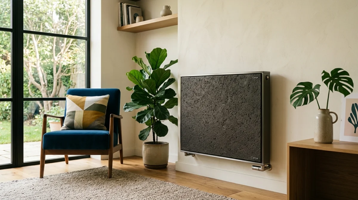 Meilleur radiateur électrique : Campa Campastyle en pierre de lave, design et confort dans un salon moderne.