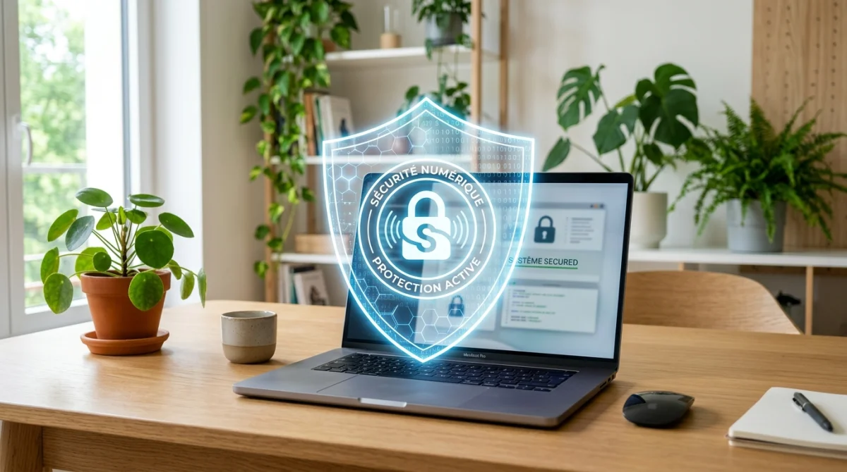 Meilleur antivirus gratuit : bouclier de sécurité protégeant un ordinateur portable sur un bureau moderne.