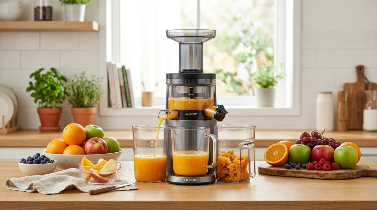 Meilleur extracteur de jus Hurom H320N avec fruits frais dans une cuisine lumineuse et saine.