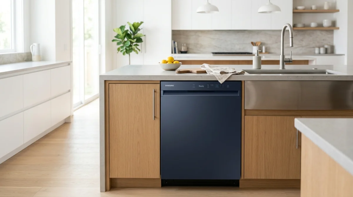Meilleur lave-vaisselle encastrable Samsung Bespoke moderne dans une cuisine design épurée.