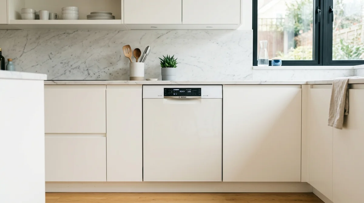 Meilleur lave-vaisselle encastrable Bosch Série 6 dans une cuisine moderne et lumineuse.