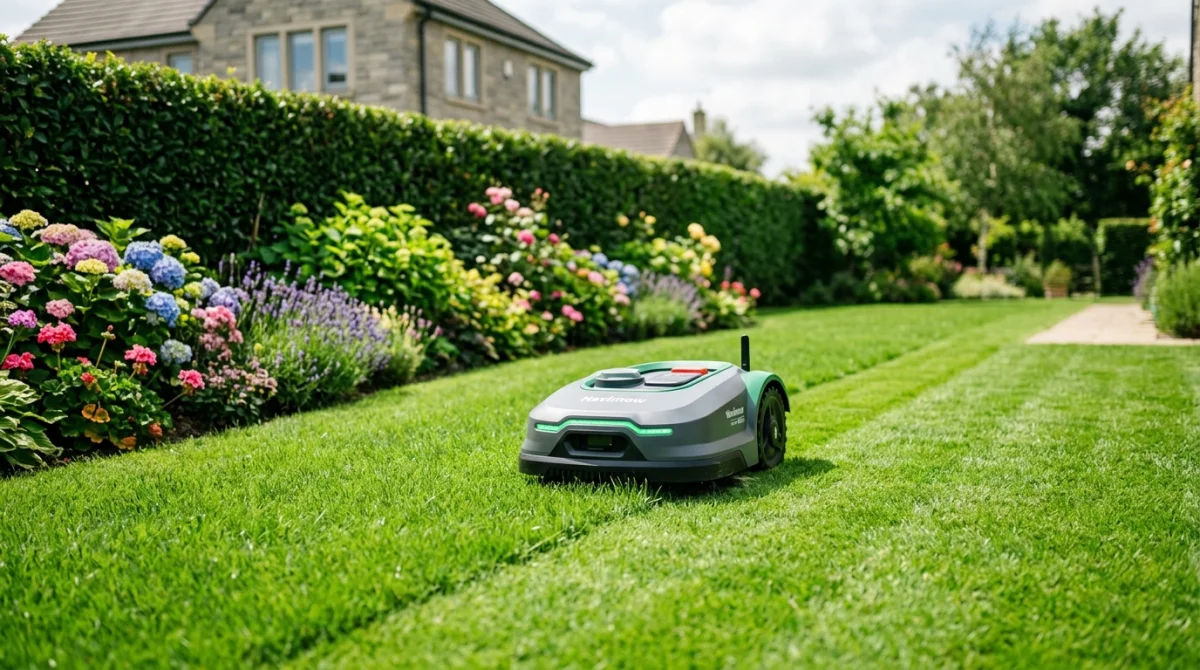 Robot tondeuse Navimow en action sur une pelouse verte impeccable, jardin résidentiel