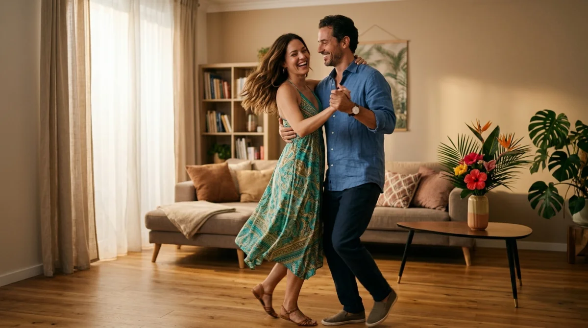 Couple joyeux dansant la bachata dans un salon moderne et chaleureux.