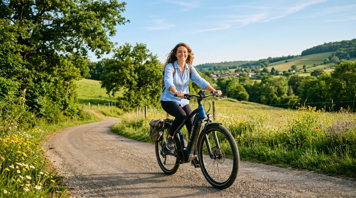 Cycliste heureux sur un vélo électrique moderne sur une route de campagne ensoleillée.
