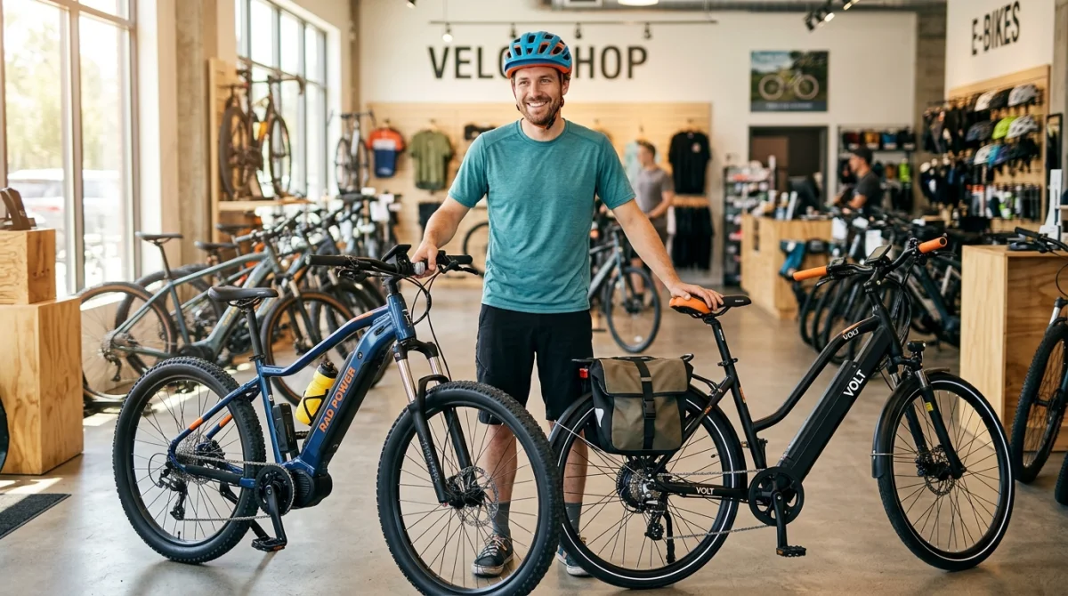 Cycliste choisissant son vélo électrique idéal dans un magasin moderne