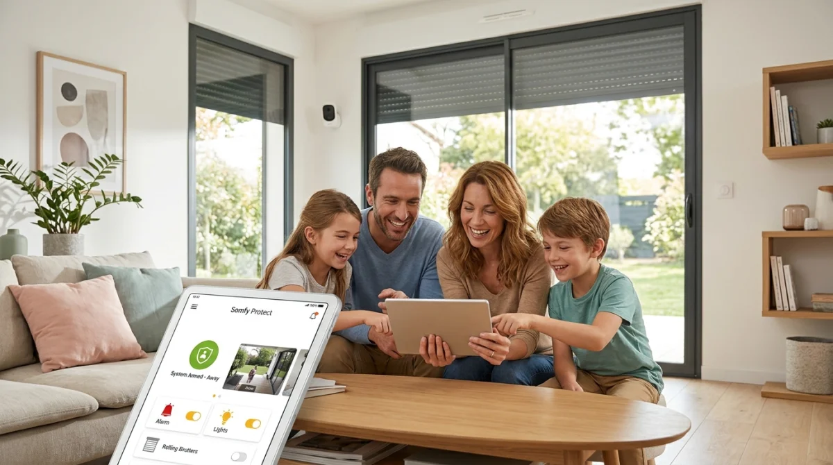 Famille utilisant une tablette Somfy pour gérer la meilleure alarme maison sans abonnement