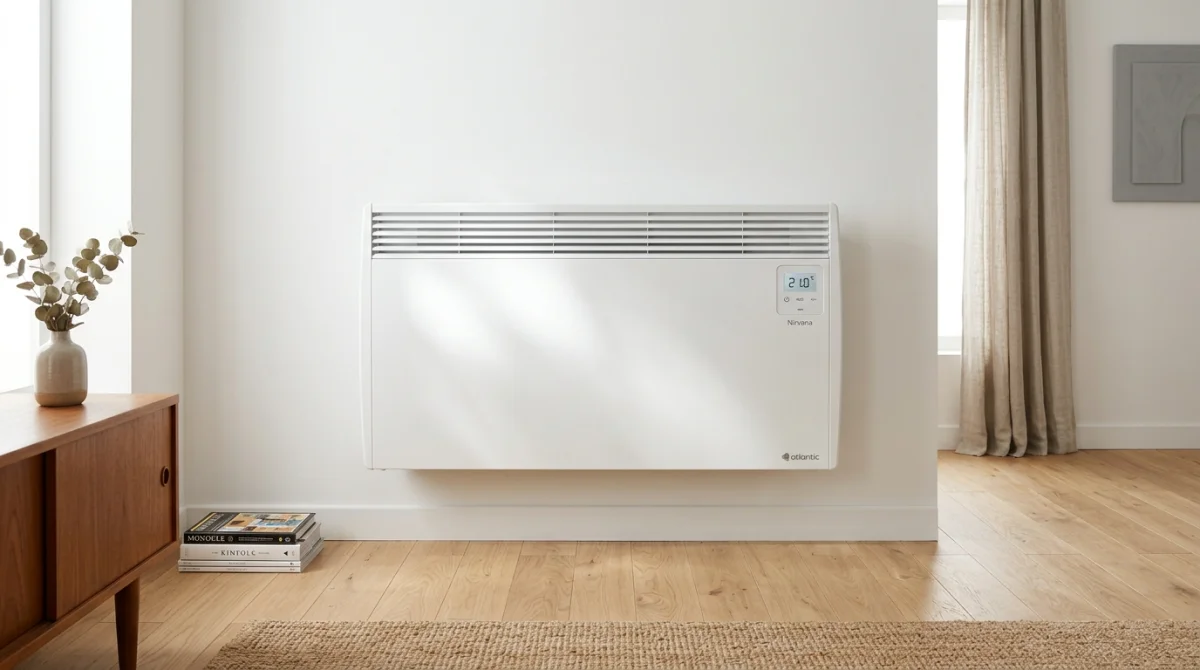 Radiateur électrique Atlantic Nirvana, design moderne et élégant sur mur blanc.
