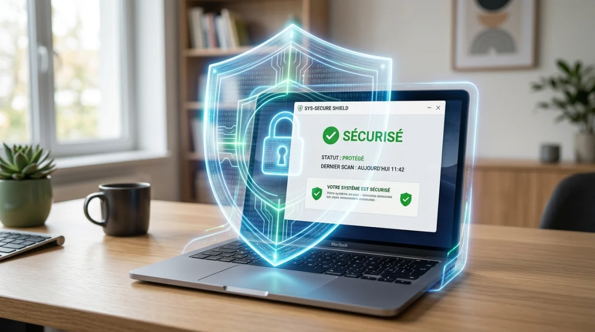 Bouclier numérique protégeant un ordinateur portable, symbole de sécurité et de meilleur antivirus gratuit.