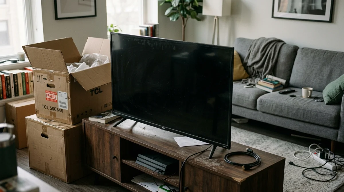 Télévision TCL dans salon désordonné, écran noir, suggérant une marque de TV à éviter.