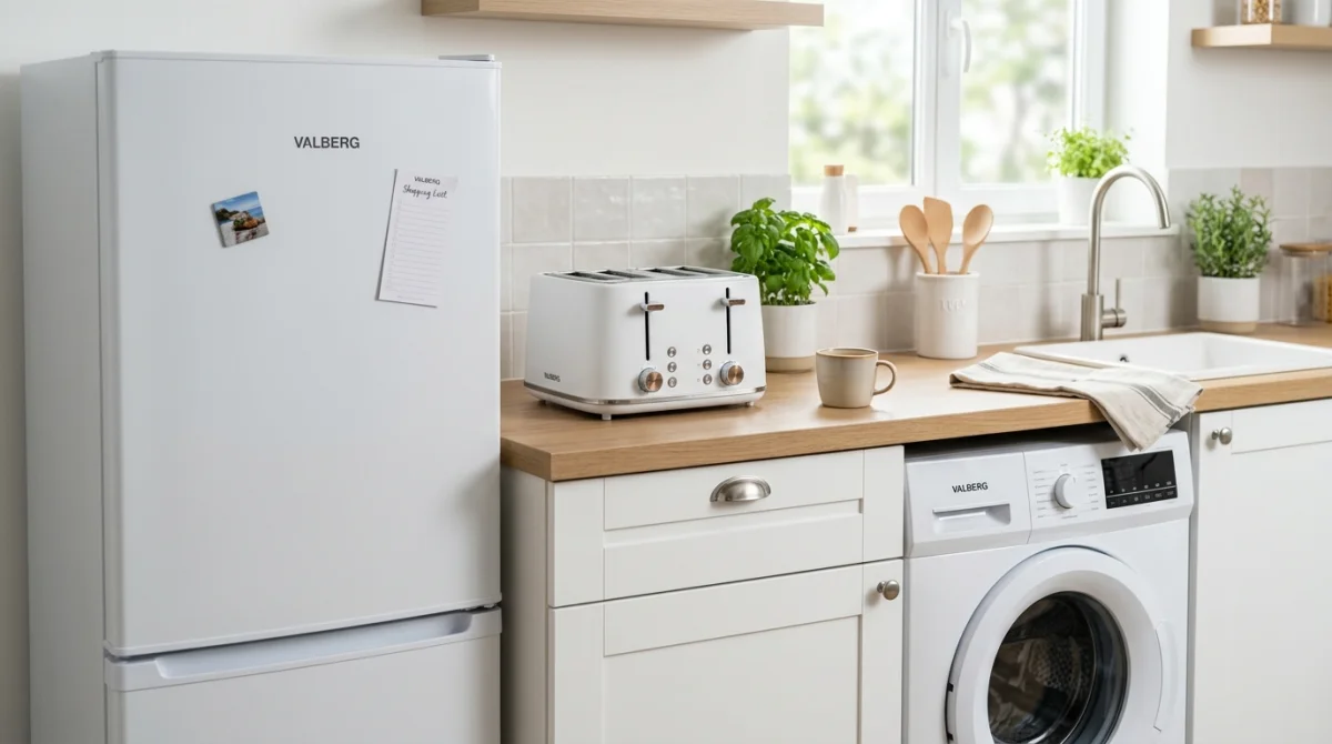 Appareils électroménagers Valberg : réfrigérateur, lave-linge, grille-pain dans une cuisine moderne.