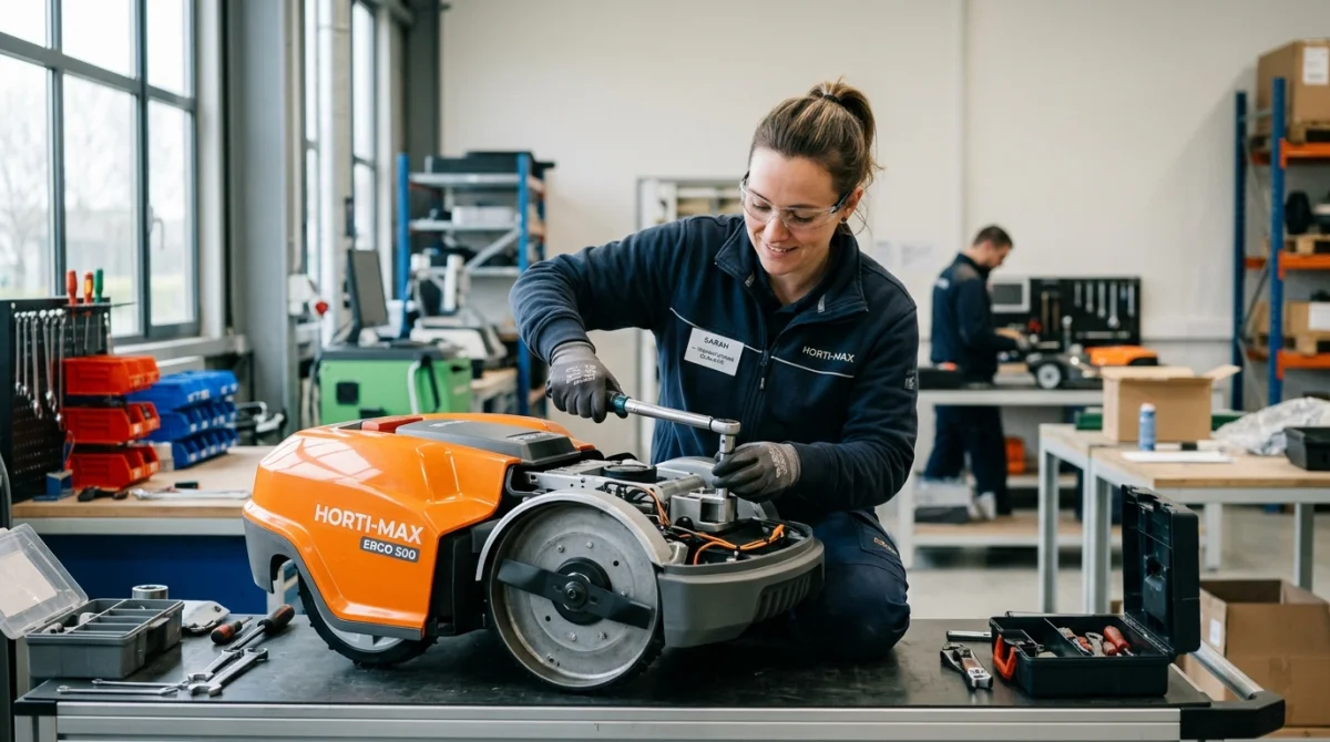 Technicien qualifié inspectant un outil de motoculture Nemura dans un atelier de montage professionnel et moderne.