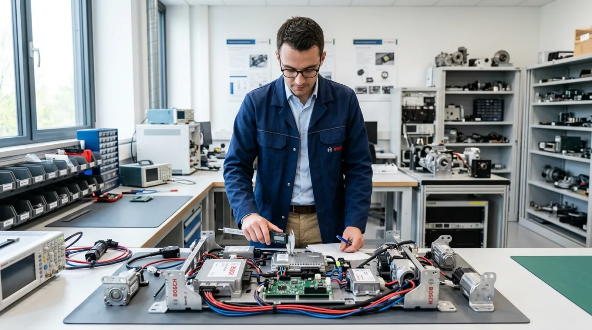 Ingénieur expert examinant des composants technologiques Bosch dans un laboratoire moderne pour illustrer qui fabrique la marque Bosch.