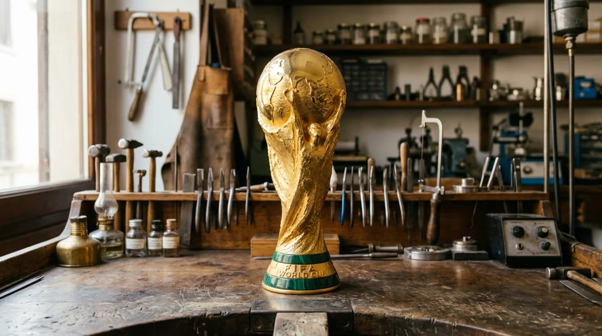 Trophée original de la Coupe du monde en or sur un établi d'artisan dans un atelier italien traditionnel.