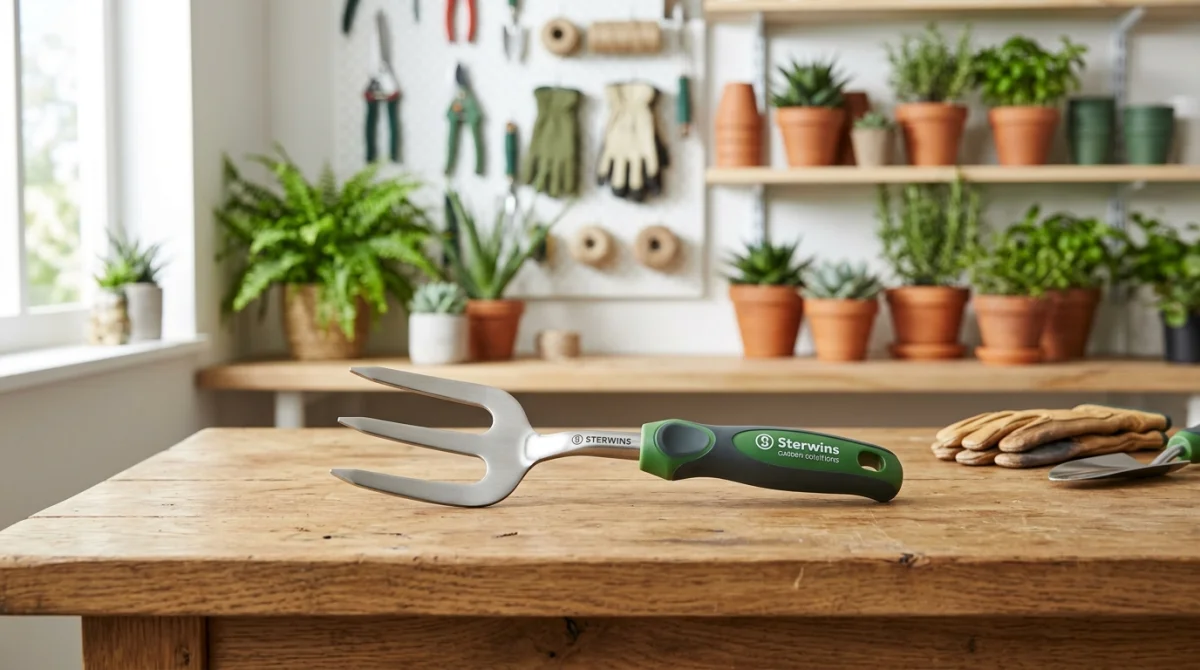 Outil de jardinage Sterwins posé sur un établi en bois dans un atelier lumineux pour illustrer qui fabrique la marque.