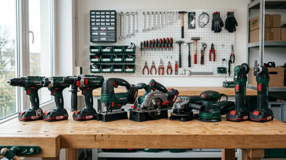 Ensemble d'outils électroportatifs Parkside disposés sur un établi dans un atelier pour illustrer qui fabrique Parkside.