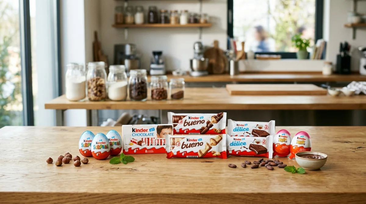 Sélection de produits Kinder disposés sur une table en bois pour illustrer qui fabrique les chocolats Kinder.