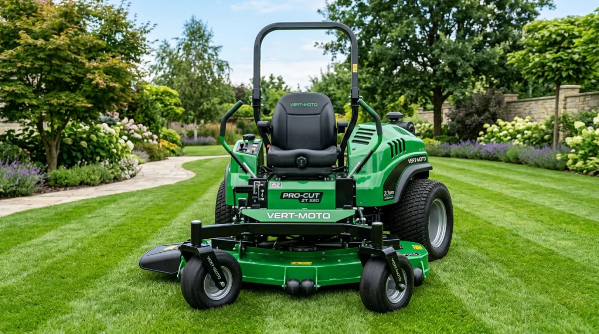 Tondeuse autoportée Sentar professionnelle exposée dans un jardin paysager pour illustrer qui fabrique la marque Sentar.