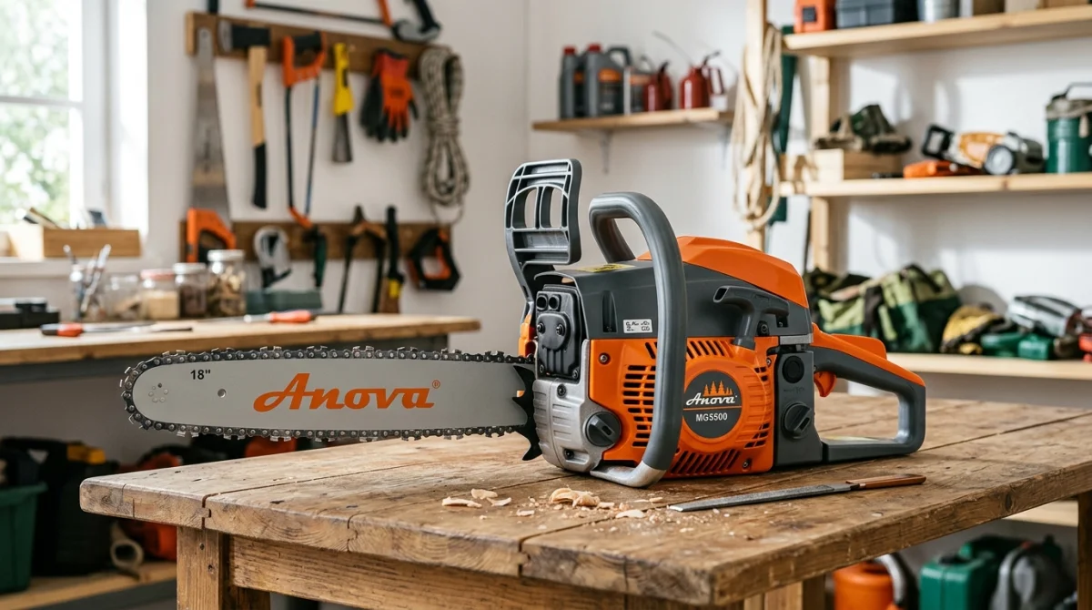 Tronçonneuse Anova robuste posée sur un établi en bois, illustrant la qualité de fabrication de la marque Anova.