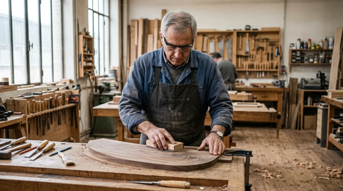 Artisan ébéniste ponçant manuellement une pièce de bois noble dans son atelier pour illustrer qui fabrique pour Mobilier de France.