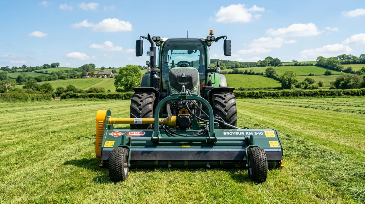 Broyeur agricole robuste dans un champ verdoyant, illustrant le matériel professionnel utilisé par les fabricants de Liderfarm.