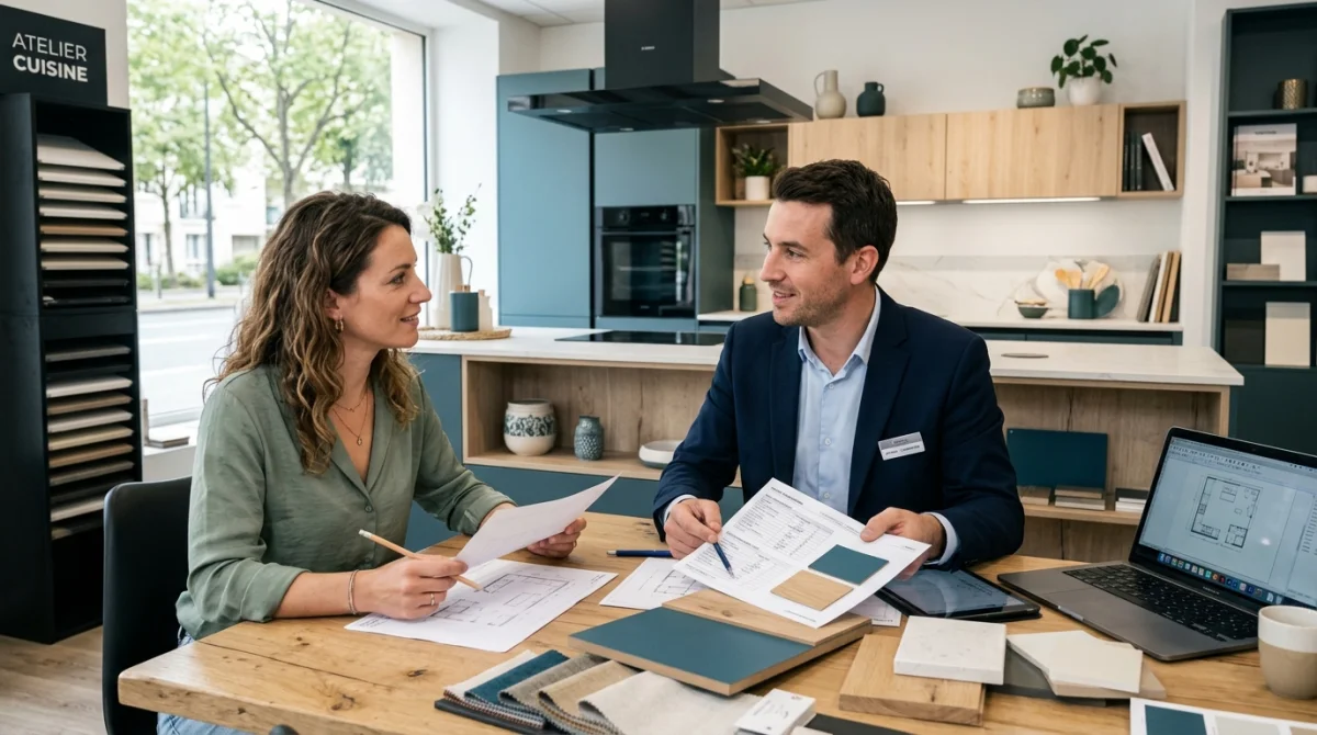 Concepteur-vendeur présentant des plans techniques de cuisine à une cliente dans un showroom moderne et lumineux.