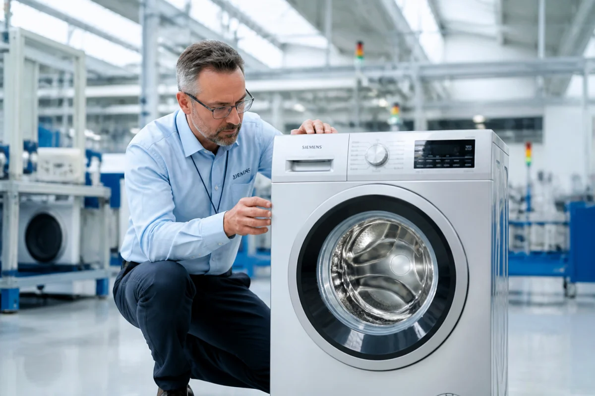 Expert inspectant un lave-linge moderne dans un atelier pour illustrer qui fabrique la marque Essentiel B.
