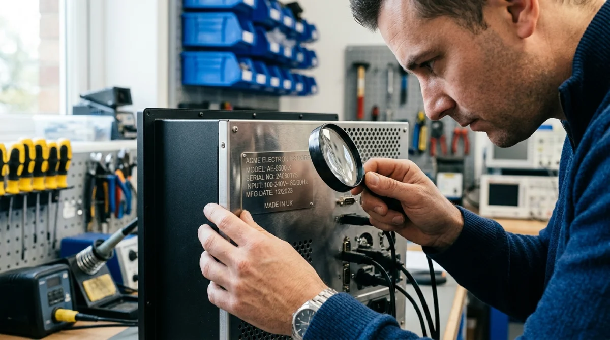 Technicien inspectant la plaque signalétique d'un équipement électronique pour identifier qui fabrique la marque Technical.