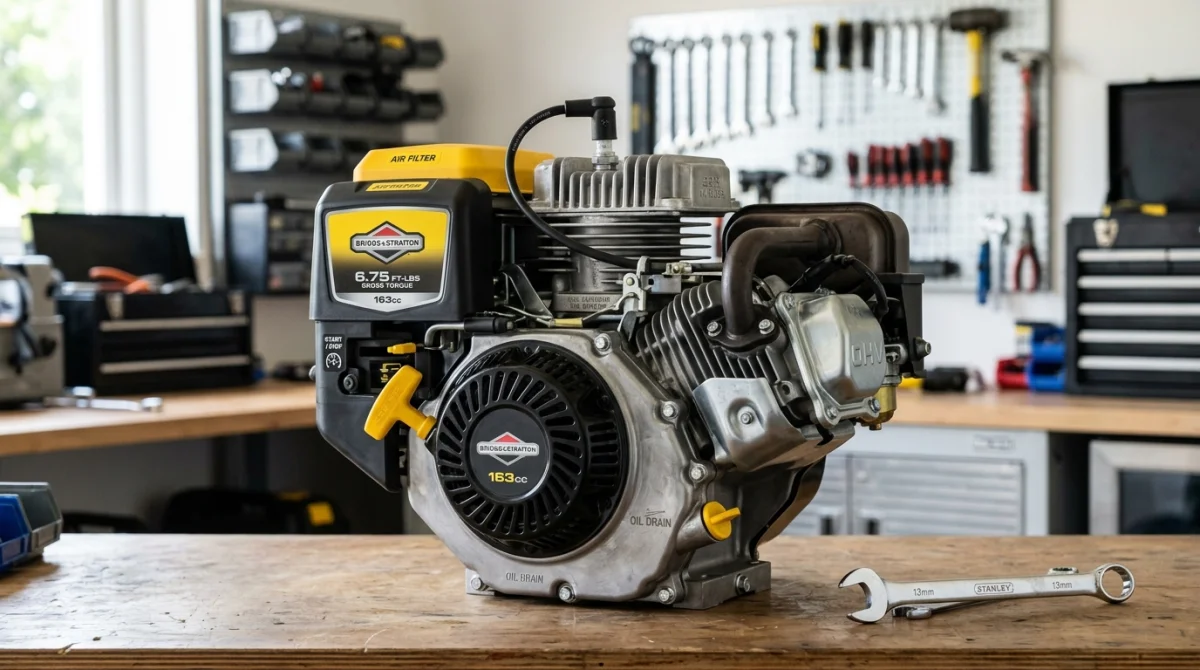 Moteur de tondeuse Stiga moderne et propre exposé dans un atelier pour illustrer qui fabrique les moteurs Stiga.