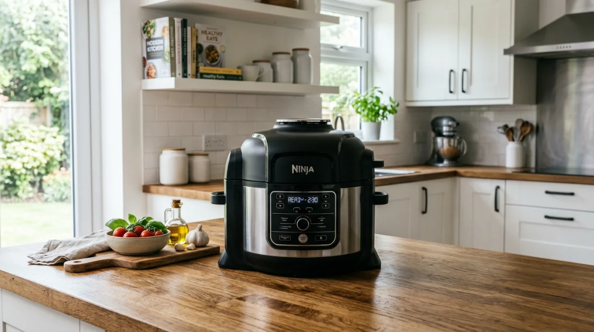 Robot culinaire Ninja moderne posé sur un plan de travail en bois dans une cuisine lumineuse contemporaine.