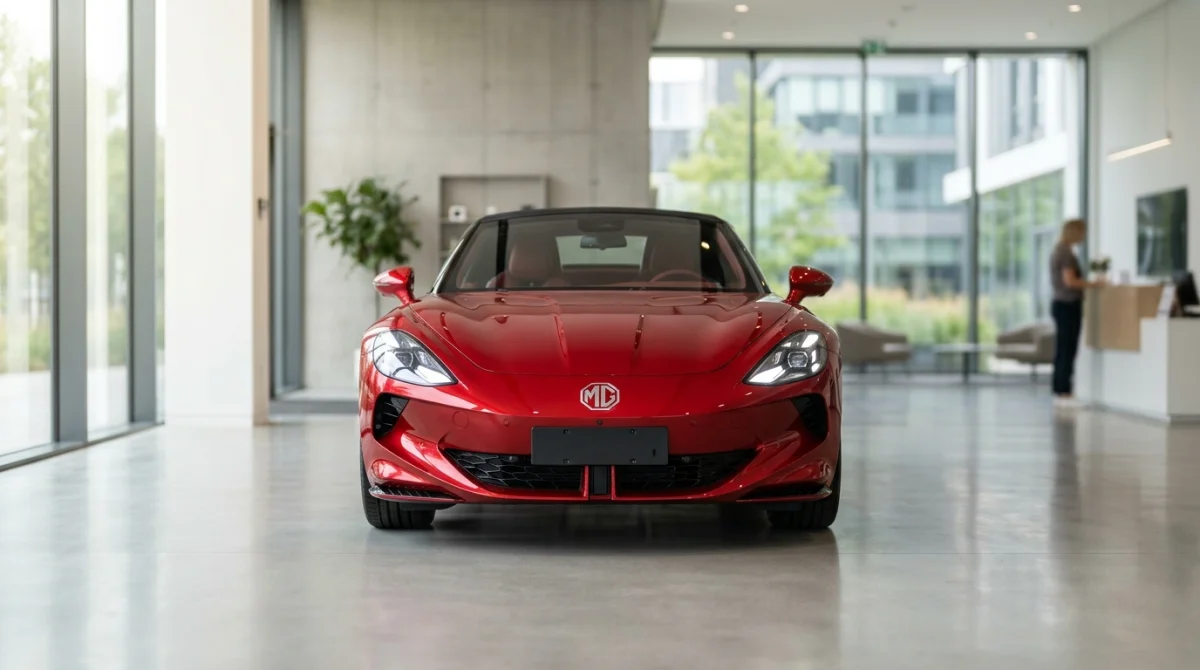 Voiture moderne MG élégante exposée dans un showroom lumineux pour illustrer qui fabrique la marque MG.