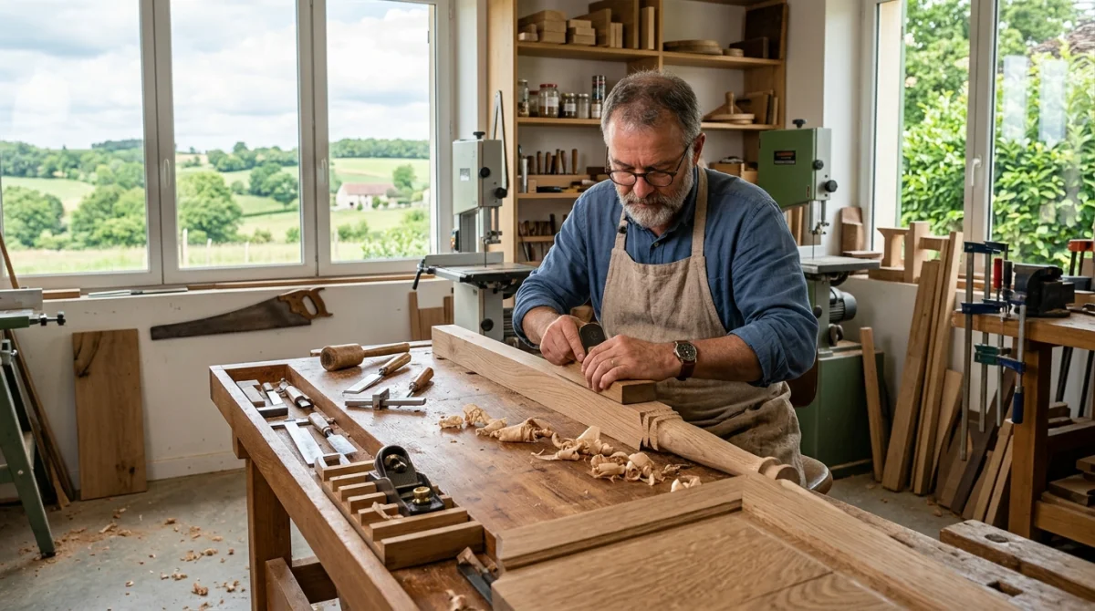 Artisan ébéniste façonnant du bois massif dans un atelier français pour illustrer qui fabrique pour Mobilier de France.