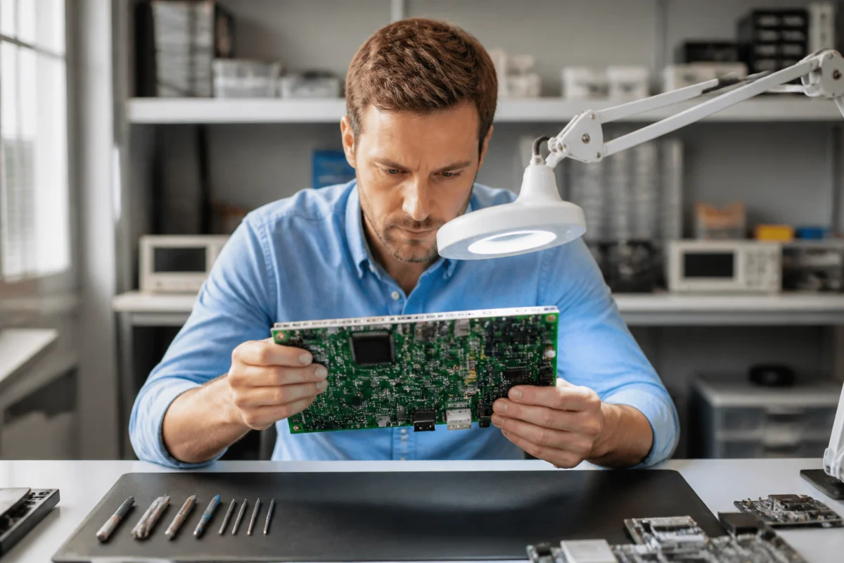 Ingénieur expert inspectant minutieusement une carte mère électronique pour comprendre qui fabrique la marque Essentiel b.