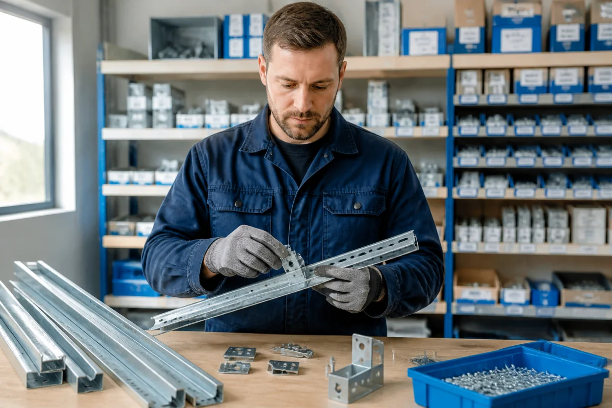 Artisan professionnel assemblant avec précision une ossature métallique dans un atelier moderne pour les produits Isotech.