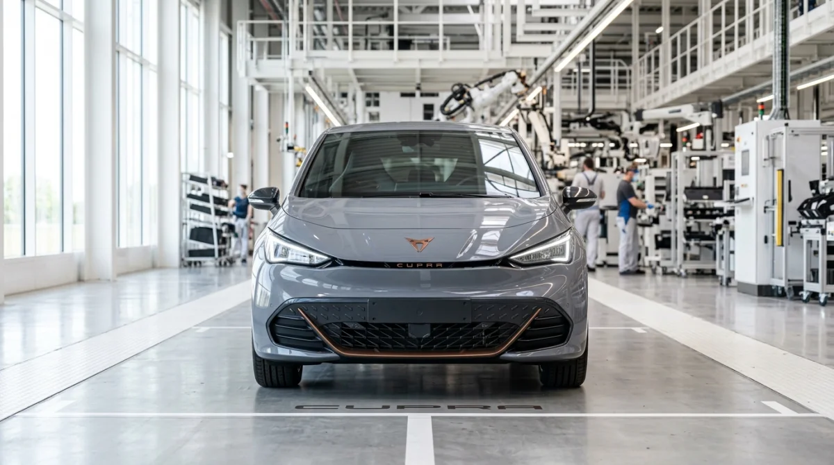 Voiture électrique Cupra Born moderne sur la ligne de production de l'usine de Zwickau, illustrant qui fabrique la marque Cupra.