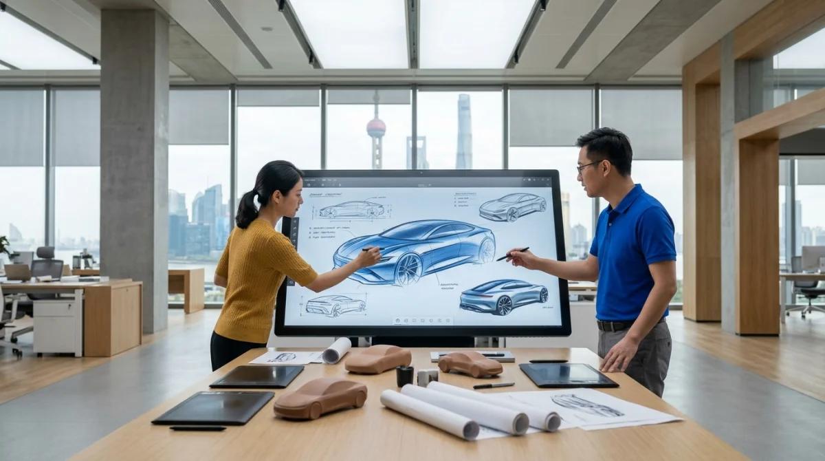 Deux designers travaillant sur des croquis automobiles numériques dans un studio moderne pour concevoir la marque MG.